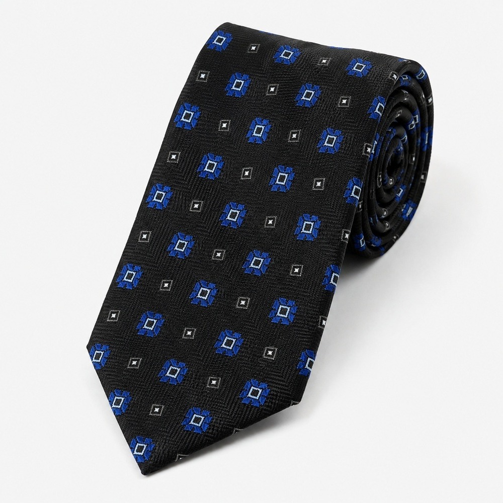 Brooks Brothers Silk Tie Black Blue Geometric Herringbone Made in USA Italy
